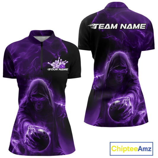 Custom Black And Purple Smoke Flame Grim Reaper Halloween Bowling Women Quarter-Zip Shirt IPHW9740