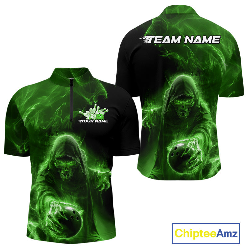 Custom Black And Green Smoke Flame Grim Reaper Halloween Bowling Men Quarter-Zip Shirts IPHW9741