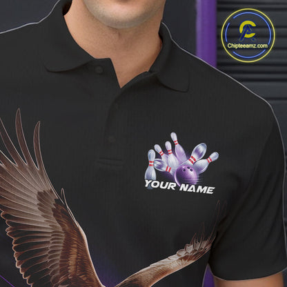 Custom Purple Flame Eagle Bowling Team Polo Shirts For Men, Bowling Tournament Shirt IPHW9369