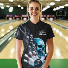 Load image into Gallery viewer, Custom Blue Glowing Ghostly Skull Bowling Women Quarter-Zip Shirt, Halloween Outfit IPHW9515