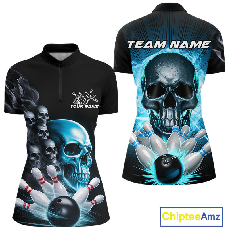 Custom Blue Glowing Ghostly Skull Bowling Women Quarter-Zip Shirt, Halloween Outfit IPHW9515