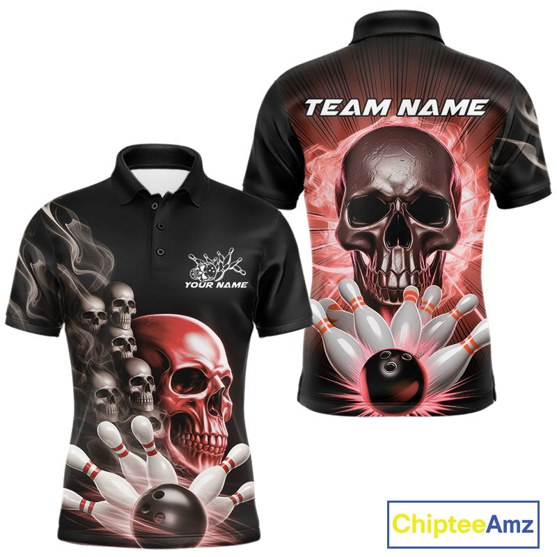 Custom Red Glowing Ghostly Skull Bowling Polo Shirts For Men, Halloween Bowlers Outfit IPHW9516