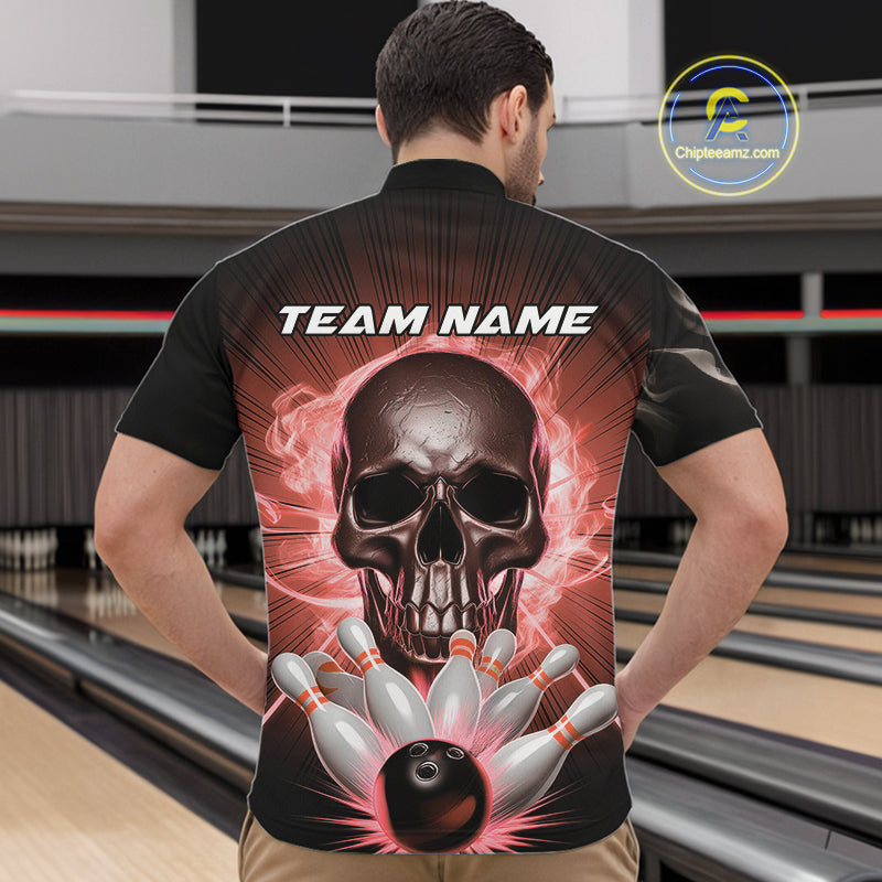 Custom Red Glowing Ghostly Skull Bowling Quarter-Zip Shirts For Men, Halloween Bowlers Outfit IPHW9516