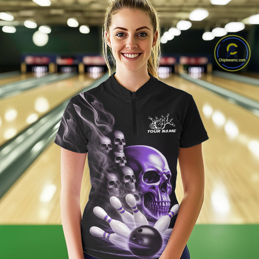 Custom Purple Glowing Ghostly Skull Bowling Women Quarter-Zip Shirt, Halloween Outfit IPHW9517