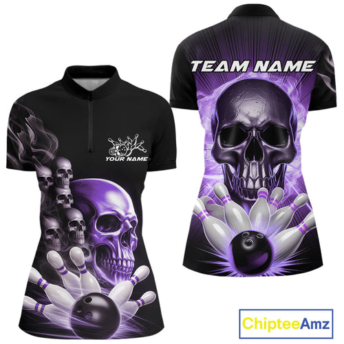 Custom Purple Glowing Ghostly Skull Bowling Women Quarter-Zip Shirt, Halloween Outfit IPHW9517