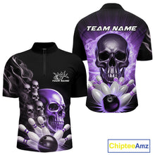 Load image into Gallery viewer, Custom Purple Glowing Ghostly Skull Bowling Quarter-Zip Shirts For Men, Halloween Bowlers Outfit IPHW9517