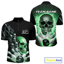 Load image into Gallery viewer, Custom Green Glowing Ghostly Skull Bowling Quarter-Zip Shirts For Men, Halloween Bowlers Outfit IPHW9518
