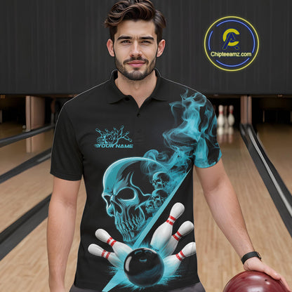 Custom Blue Smoke Skull Men Bowling Team Polo Shirts, Hallowen Bowlers Jerseys IPHW9523