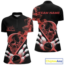 Load image into Gallery viewer, Custom Red Smoke Skull Women Bowling Team Quarter-Zip Shirts, Hallowen Bowlers Jerseys IPHW9524