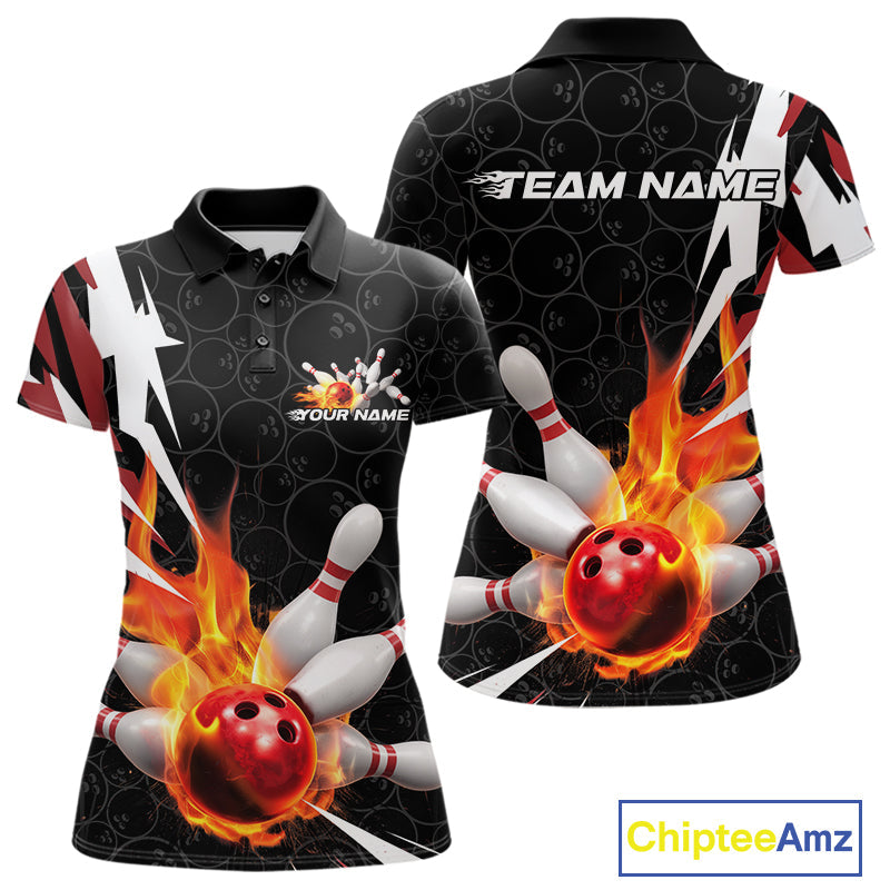 Custom Fiery Red Bowling Women Polo Shirts, Inferno Flame Bowling Team League Shirt IPHW9526