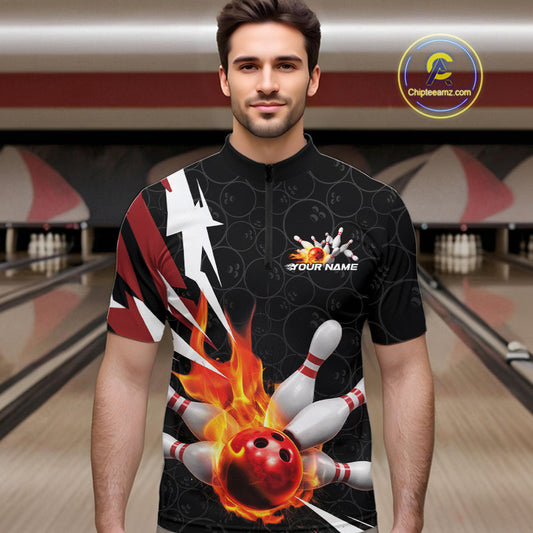 Custom Fiery Red Bowling Men Quarter-Zip Shirts, Inferno Flame Bowling Team League Shirt IPHW9526