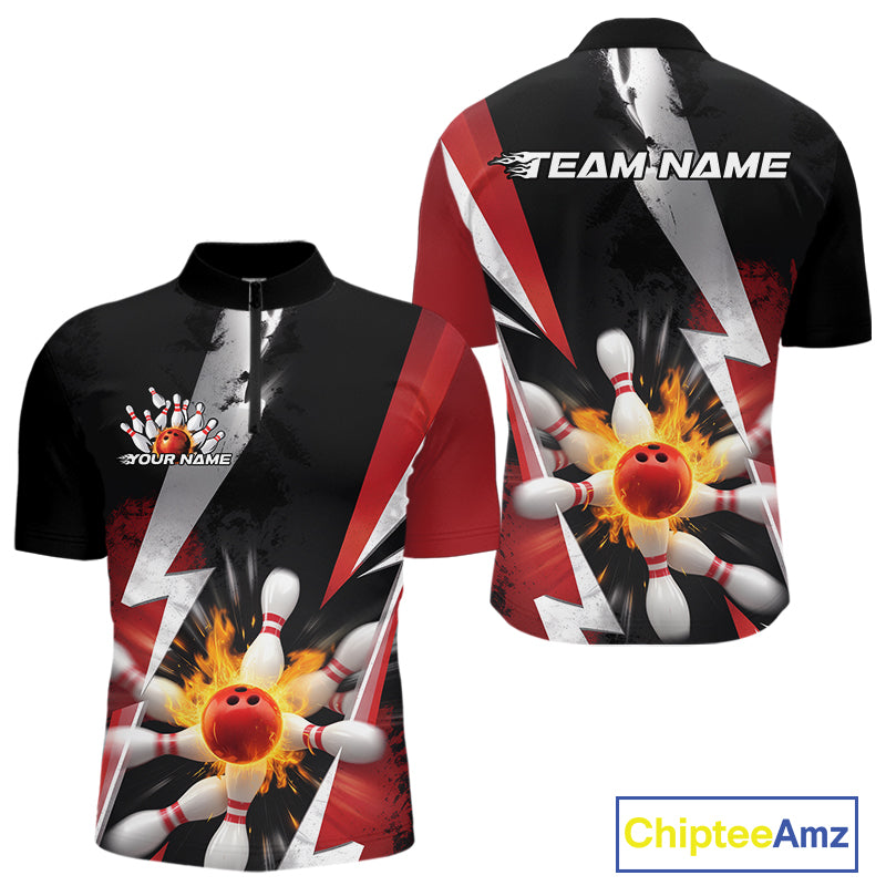 Custom Fiery Red Bowling Men Quarter-Zip Team Shirts, Fire Flame Bowling Jerseys Bowler Outfit IPHW9529