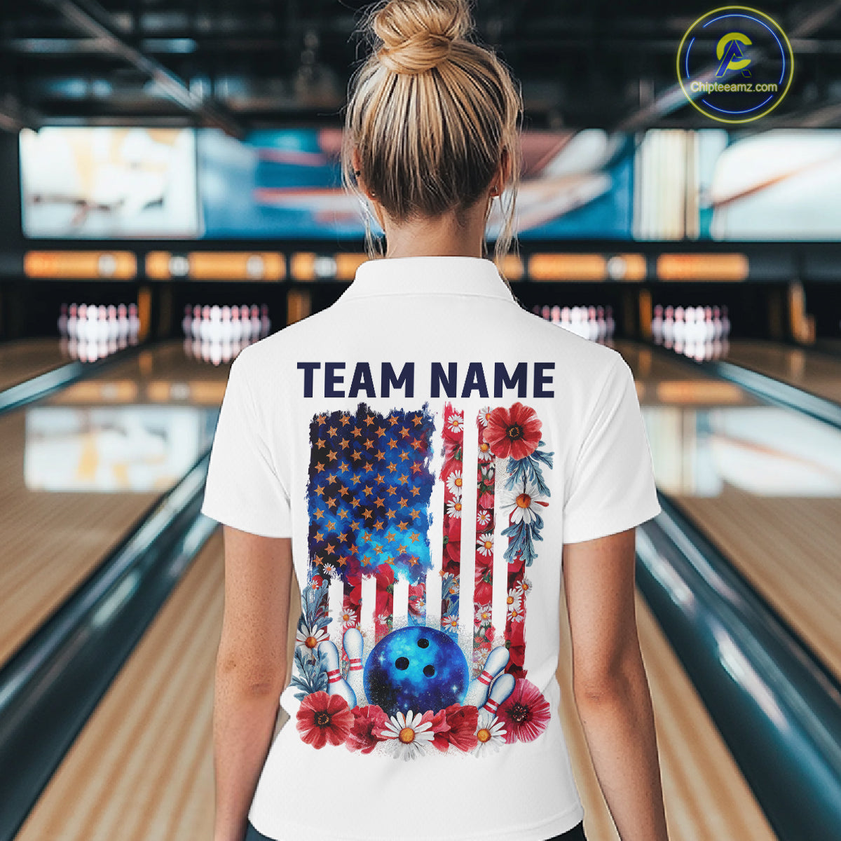 Custom Wild Flower Patriotic US Flag Bowling Women Quarter-Zip Shirt, Hippie Bowling IPHW9753