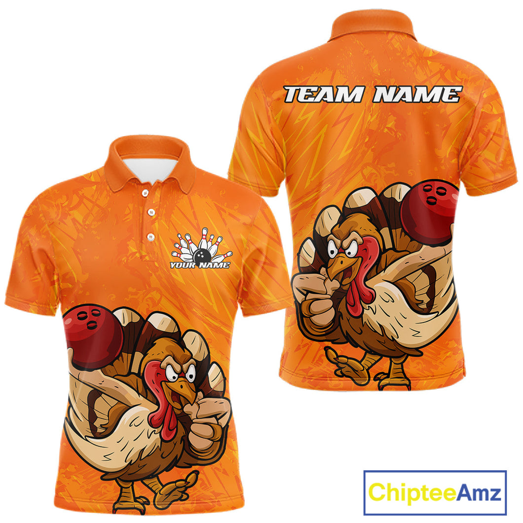 Custom Funny Thanksgiving Turkey Bowling Men Polo Shirts, Bowling League Shirt IPHW9770