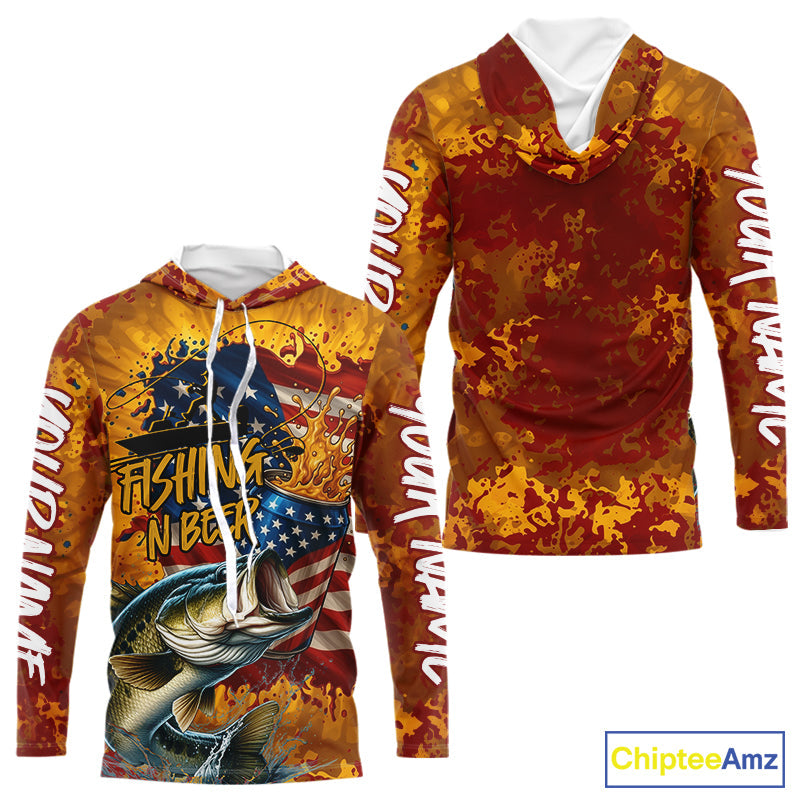 Custom US Flag Patriotic Largemouth Bass Fishing N Beer Long Sleeve Hooded Camo Fishing Shirts IPHW9191