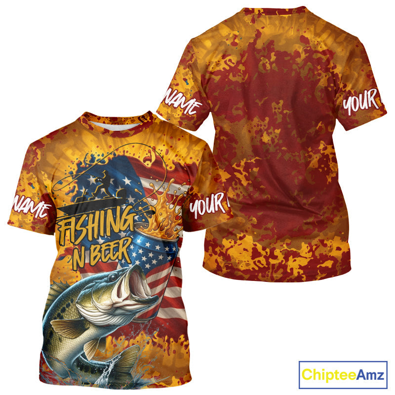 Custom US Flag Patriotic Largemouth Bass Fishing N Beer Camo Fishing T-Shirts IPHW9191