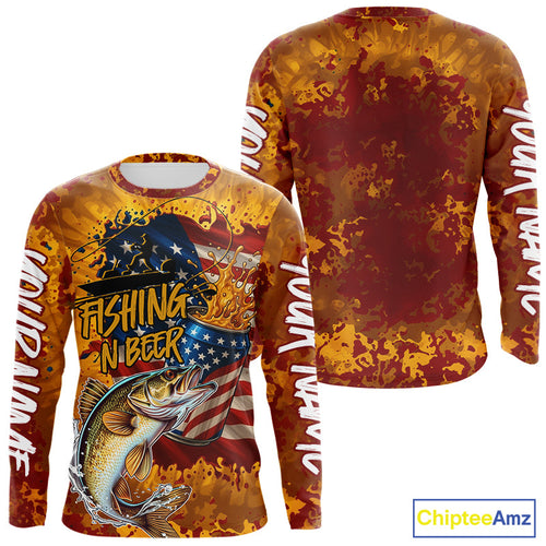 Custom US Flag Patriotic Walleye Fishing N Beer Long Sleeve Camo Fishing Shirts IPHW9192