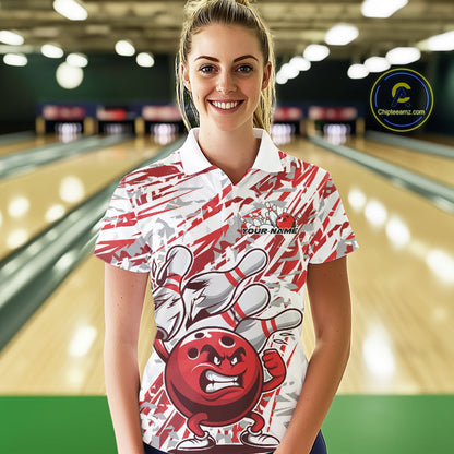 Red Camo Custom Funny Bowling Polo Shirts For Women, Bowling Team Tournament Shirt IPHW9397