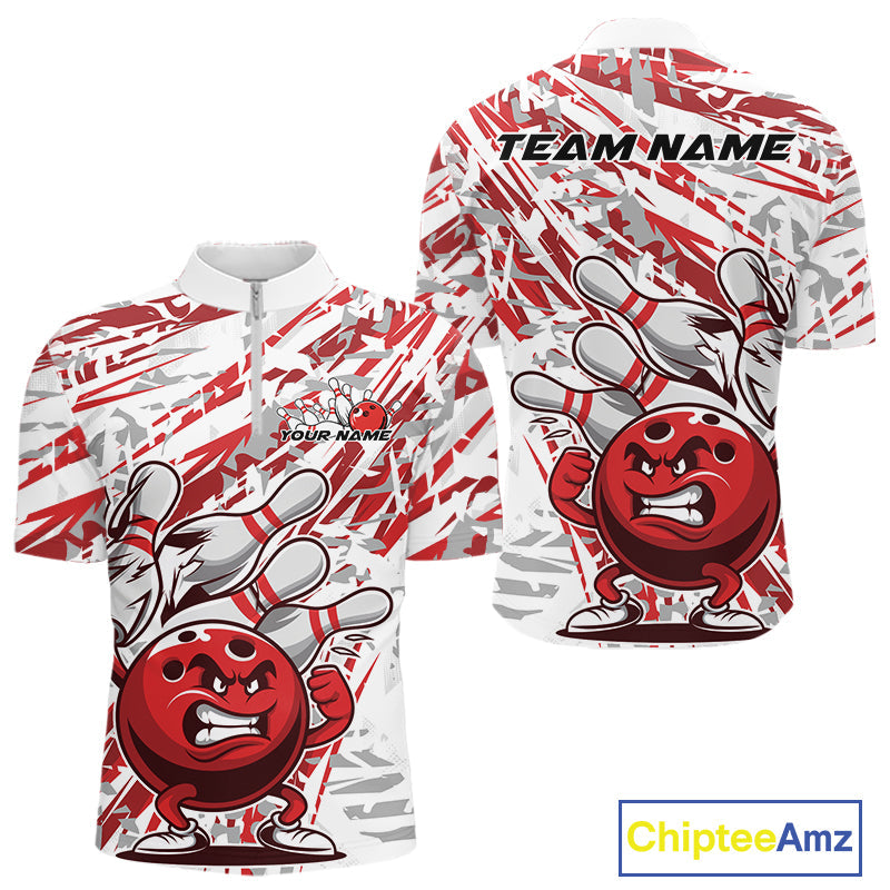 Red Camo Custom Funny Bowling Quarter-Zip Shirts For Men, Bowling Team Tournament Shirt IPHW9397