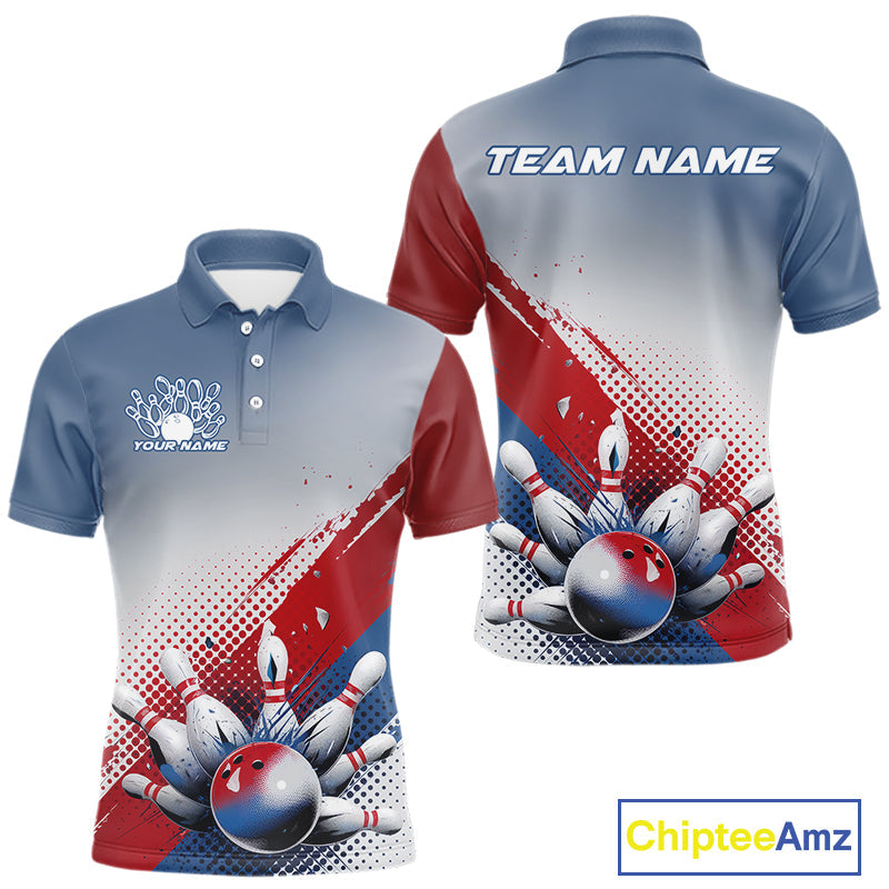 Custom Red, White And Blue Patriotic Bowling Polo Shirts For Men, Bowling League Shirt IPHW9544