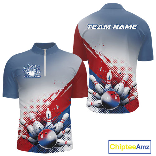 Custom Red, White And Blue Patriotic Bowling Quarter-Zip Shirts For Men, Bowling League Shirt IPHW9544
