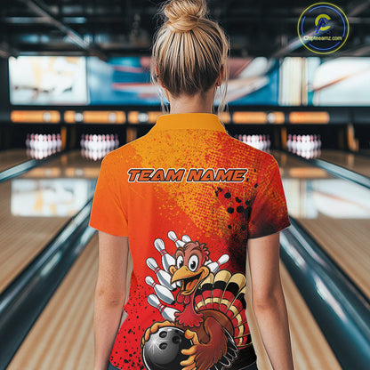 Custom Funny Orange Turkey Bowling Women Quarter-Zip Shirts, Thanksgiving Bowling Outfit IPHW9785