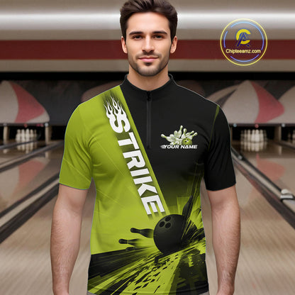 Custom Black And Green Strike Bowling Quarter-Zip Shirts For Men, Bowling Team Uniform IPHW9553