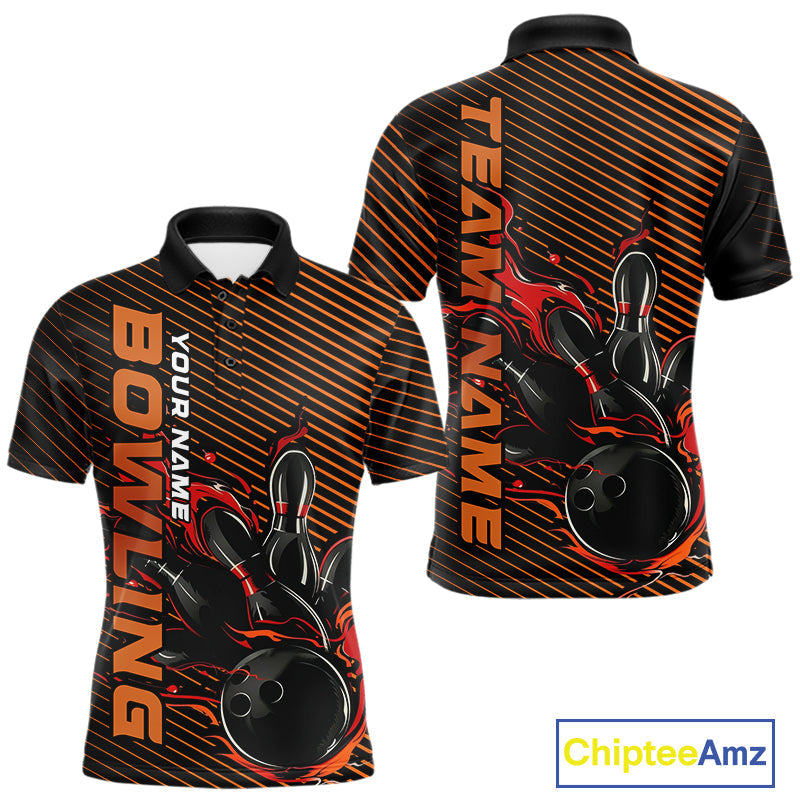 Custom Red Orange Flame Bowling Polo Shirts For Men, Bowling Tournament Team Shirt IPHW9403