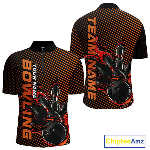 Custom Red Orange Flame Bowling Quarter-Zip Shirts For Men, Bowling Tournament Team Shirt IPHW9403