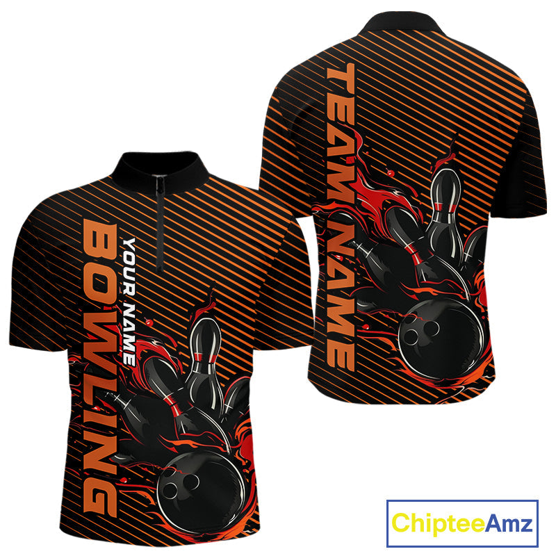 Custom Red Orange Flame Bowling Quarter-Zip Shirts For Men, Bowling Tournament Team Shirt IPHW9403