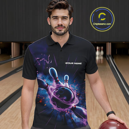 Custom Galaxy Blue And Purple Flame Bowling Polo Shirt For Men, Bowling League Team Uniform IPHW9568
