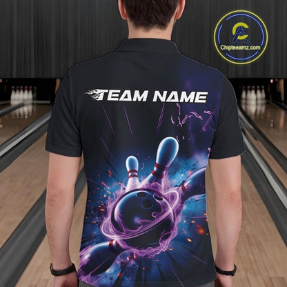 Custom Galaxy Blue And Purple Flame Bowling Polo Shirt For Men, Bowling League Team Uniform IPHW9568