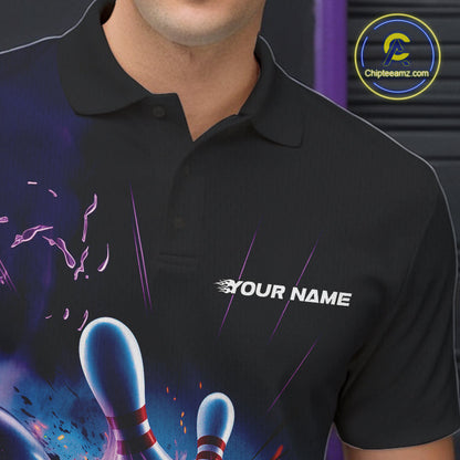 Custom Galaxy Blue And Purple Flame Bowling Polo Shirt For Men, Bowling League Team Uniform IPHW9568