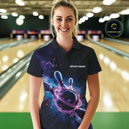 Custom Galaxy Blue And Purple Flame Bowling Women Polo Shirt, Bowling League Team Uniform IPHW9568