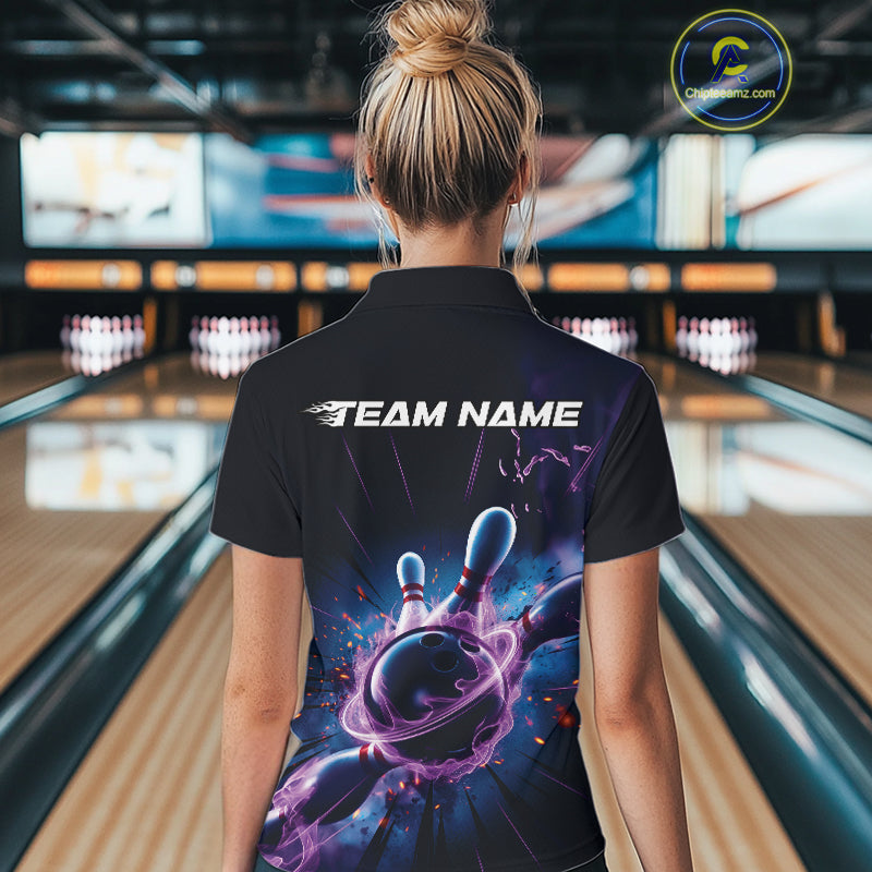 Custom Galaxy Blue And Purple Flame Bowling Women Polo Shirt, Bowling League Team Uniform IPHW9568
