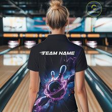 Load image into Gallery viewer, Custom Galaxy Blue And Purple Flame Bowling Women Polo Shirt, Bowling League Team Uniform IPHW9568