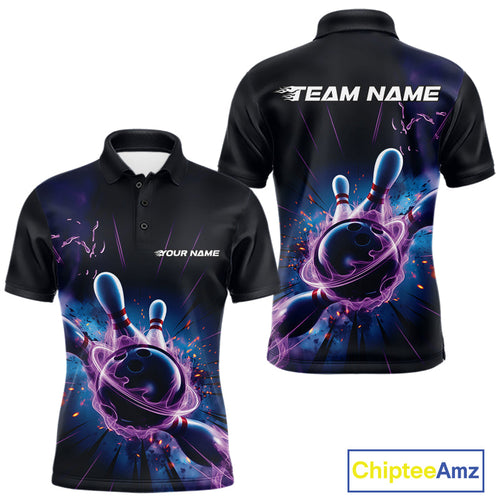 Custom Galaxy Blue And Purple Flame Bowling Polo Shirt For Men, Bowling League Team Uniform IPHW9568
