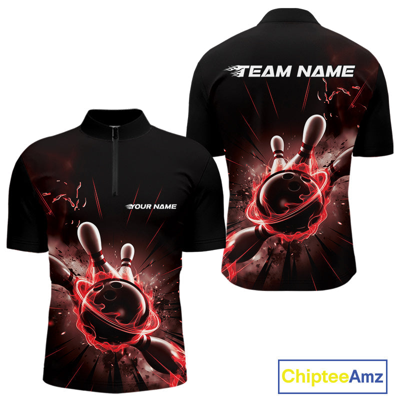 Custom Galaxy Red Flame Bowling Quarter-Zip Shirt For Men, Bowling League Team Uniform IPHW9569