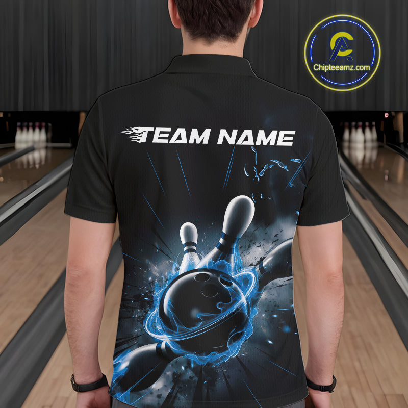 Custom Galaxy Blue Flame Bowling Polo Shirt For Men, Bowling League Team Uniform IPHW9570