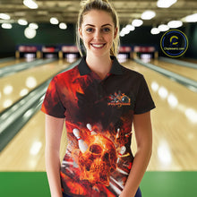 Load image into Gallery viewer, Custom Fire Flame Skull Bowling Polo Shirts For Women, Halloween Bowling Outfits IPHW9579