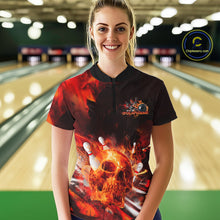 Load image into Gallery viewer, Custom Fire Flame Skull Bowling Quarter-Zip Shirts For Women, Halloween Bowling Outfits IPHW9579