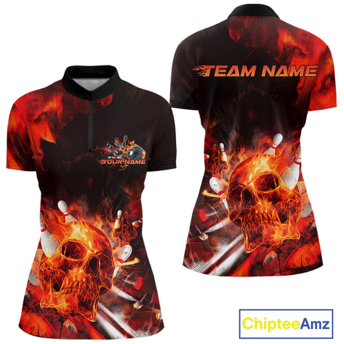 Custom Fire Flame Skull Bowling Quarter-Zip Shirts For Women, Halloween Bowling Outfits IPHW9579