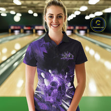 Load image into Gallery viewer, Custom Purple Fire Flame Skull Bowling Polo Shirts For Women, Halloween Bowling Outfits IPHW9580