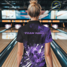 Load image into Gallery viewer, Custom Purple Fire Flame Skull Bowling Polo Shirts For Women, Halloween Bowling Outfits IPHW9580