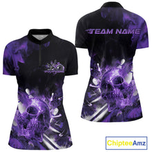 Load image into Gallery viewer, Custom Purple Fire Flame Skull Bowling Women Quarter-Zip Shirt, Halloween Bowling Outfits IPHW9580