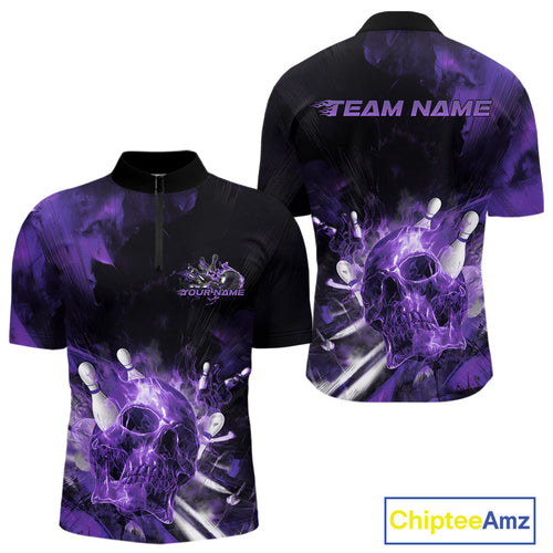 Custom Purple Fire Flame Skull Bowling Quarter-Zip Shirts For Men, Halloween Bowling Outfits IPHW9580