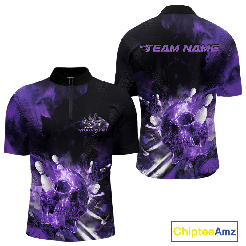 Custom Purple Fire Flame Skull Bowling Quarter-Zip Shirts For Men, Halloween Bowling Outfits IPHW9580