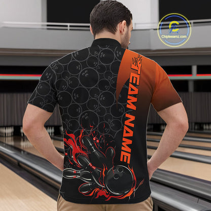 Custom Bowling Pattern Red Flame Strike Bowling Team Men Quarter-Zip Shirts, Bowling Jerseys IPHW9415