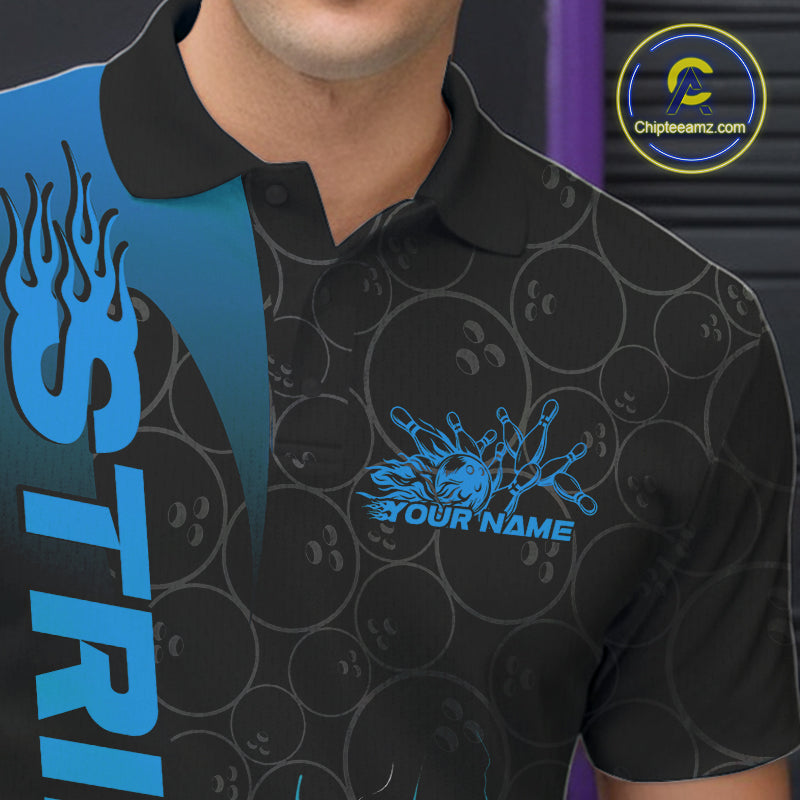 Custom Bowling Pattern Blue Flame Strike Bowling Team Men Polo Shirts, Bowling Jerseys IPHW9416