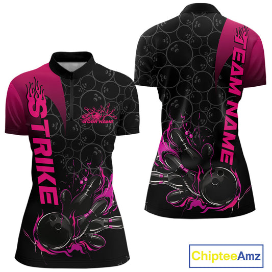 Custom Bowling Pattern Pink Flame Strike Bowling Team Women Quarter-Zip Shirts IPHW9417
